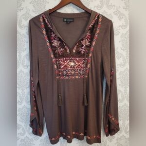 INC International Concepts Brown With Embroidered Sequin Boho Tunic Top